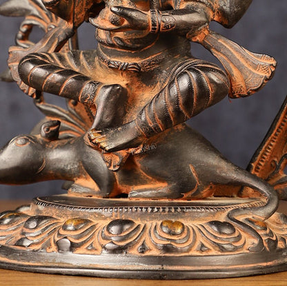 Pure Brass Tibetan Form of Ganapati Seated on Mouse Antique Patina 13"