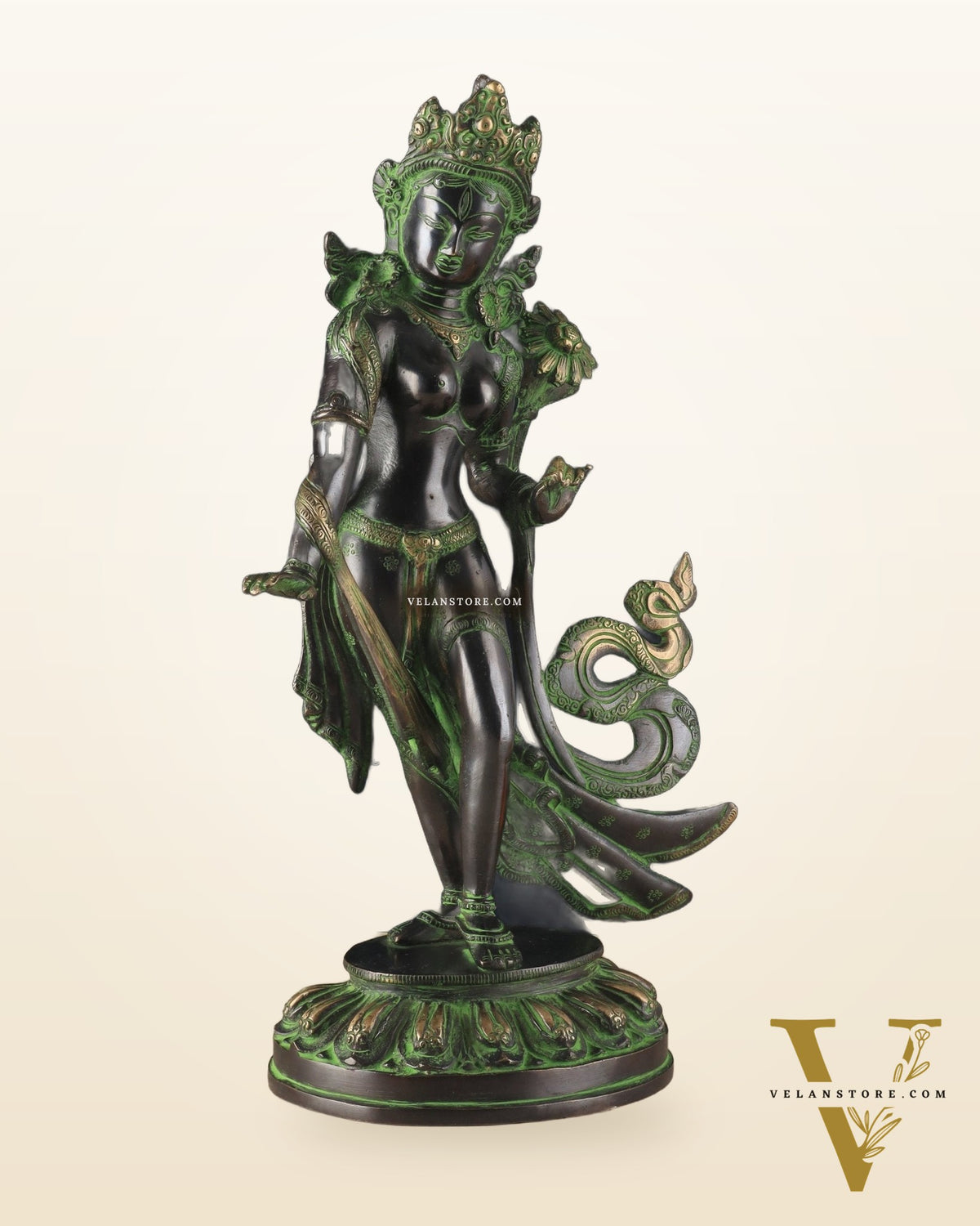 Pure Brass Tibetan Tara Devi Buddhist Goddess Idol - 15" Standing Statue