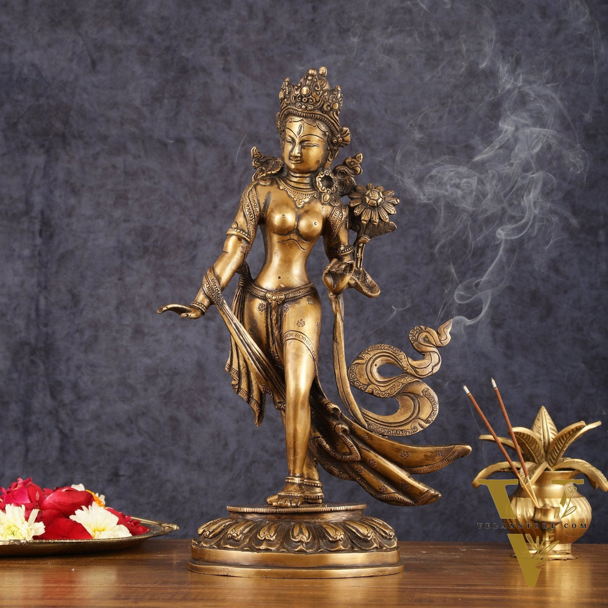 Pure Brass Tibetan Tara Devi Buddhist Goddess Idol - 15" Standing Statue