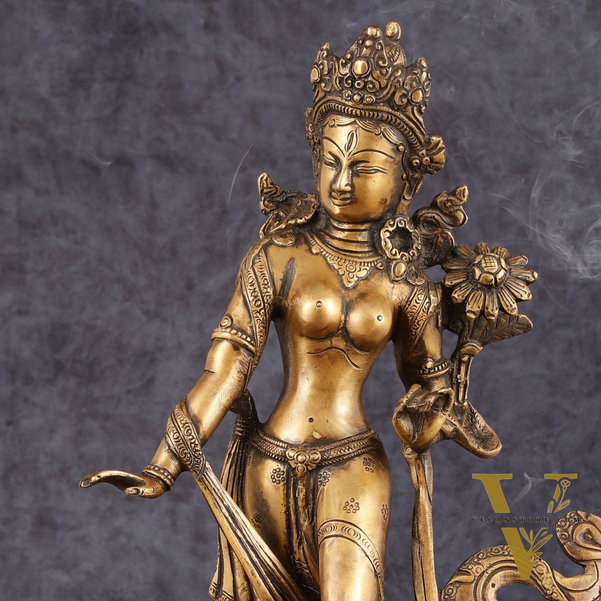 Pure Brass Tibetan Tara Devi Buddhist Goddess Idol - 15" Standing Statue