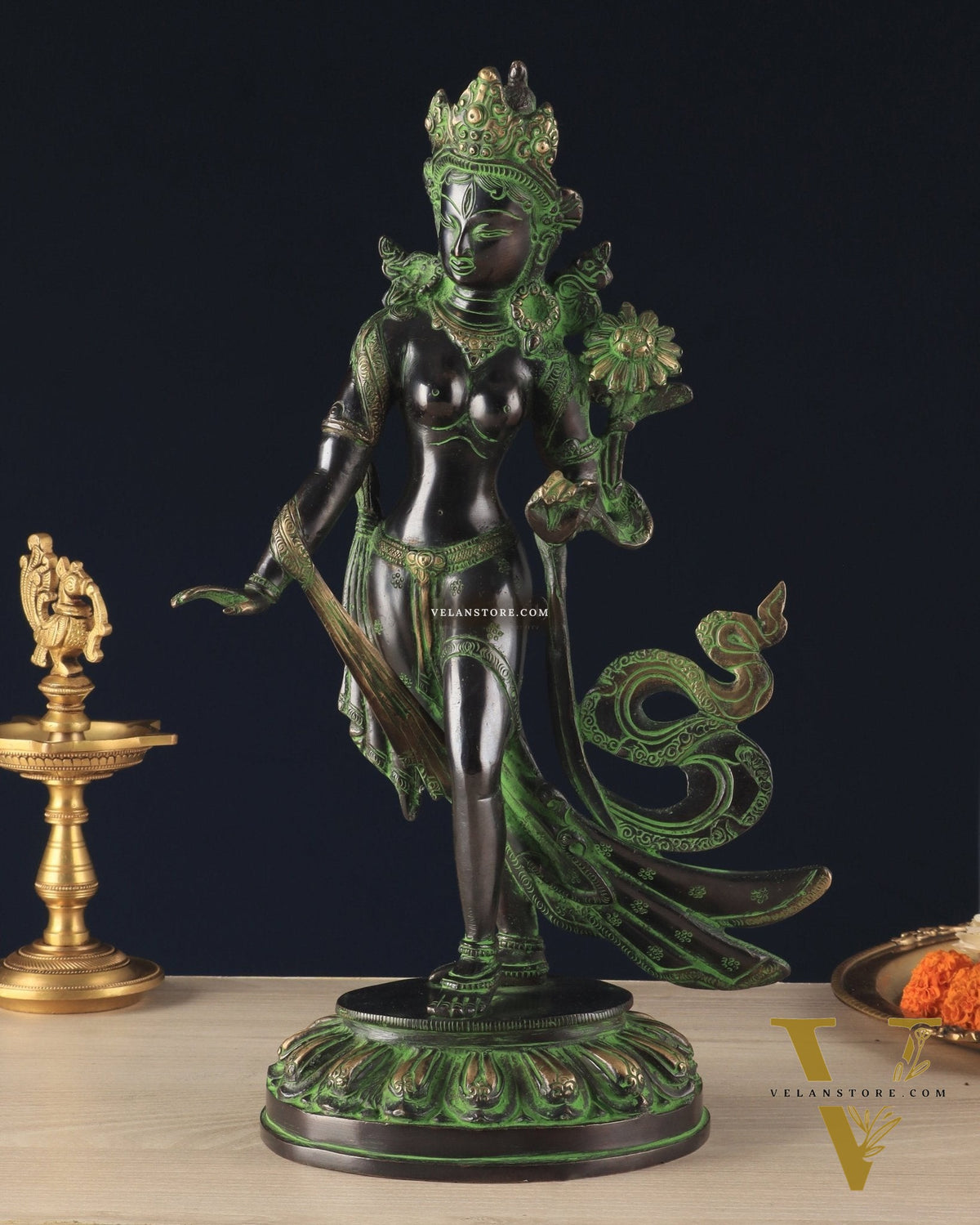 Pure Brass Tibetan Tara Devi Buddhist Goddess Idol - 15" Standing Statue