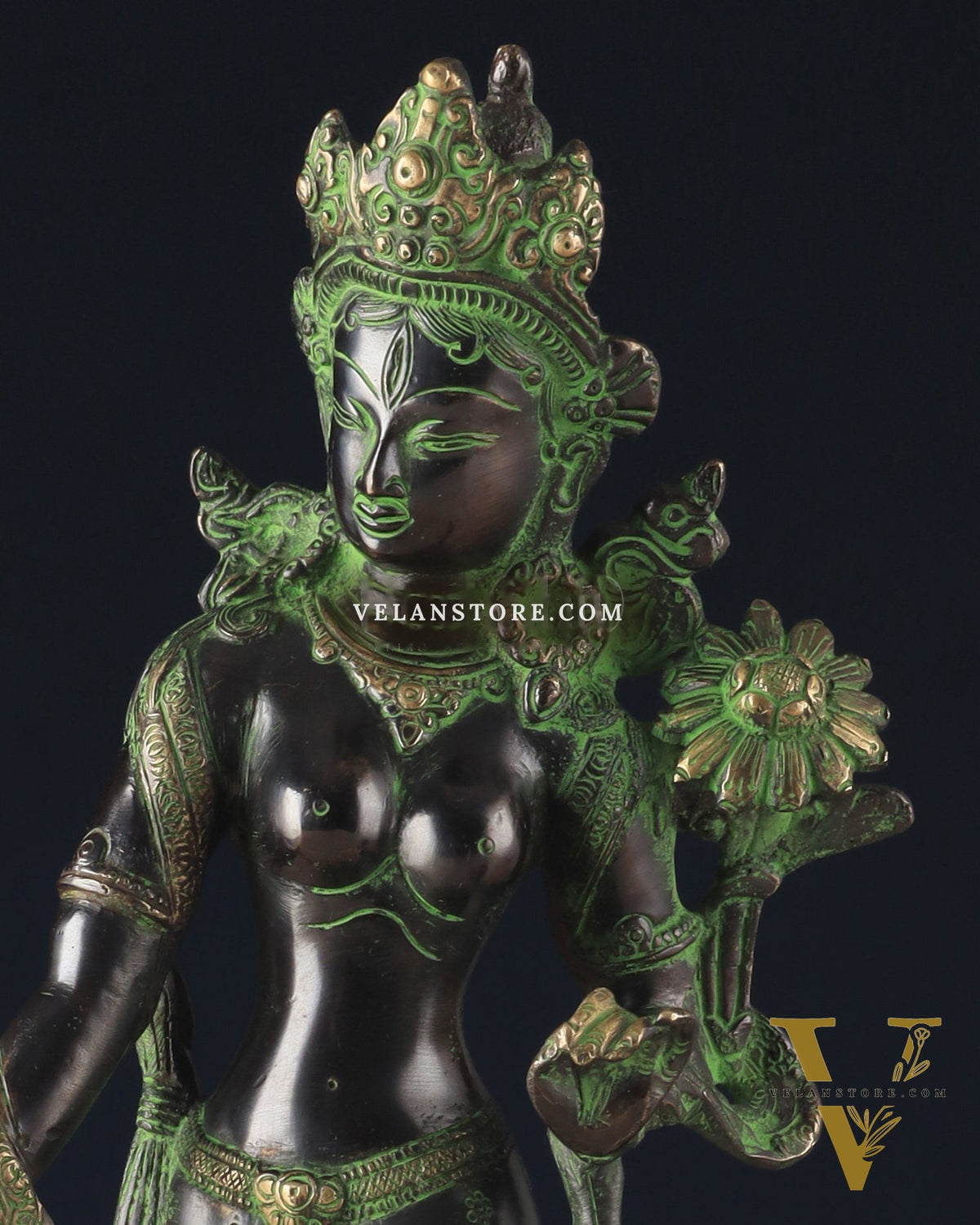 Pure Brass Tibetan Tara Devi Buddhist Goddess Idol - 15" Standing Statue