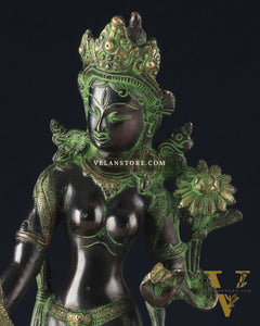 Pure Brass Tibetan Tara Devi Buddhist Goddess Idol - 15" Standing Statue