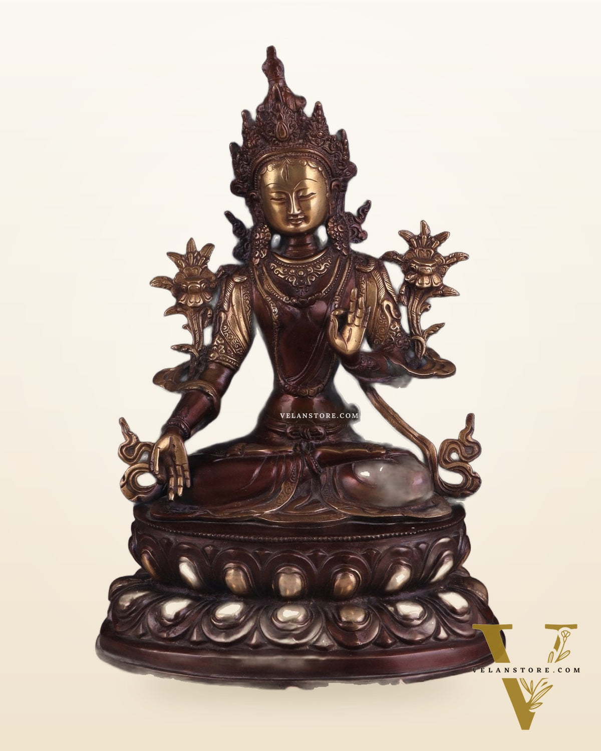 Pure Brass Tibetan White Tara Idol – Copper Gold Finish | 14 Inch