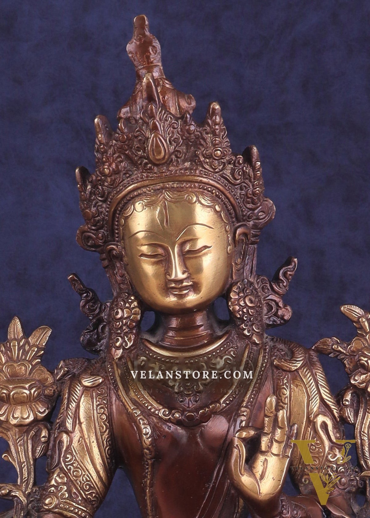 Pure Brass Tibetan White Tara Idol – Copper Gold Finish | 14 Inch