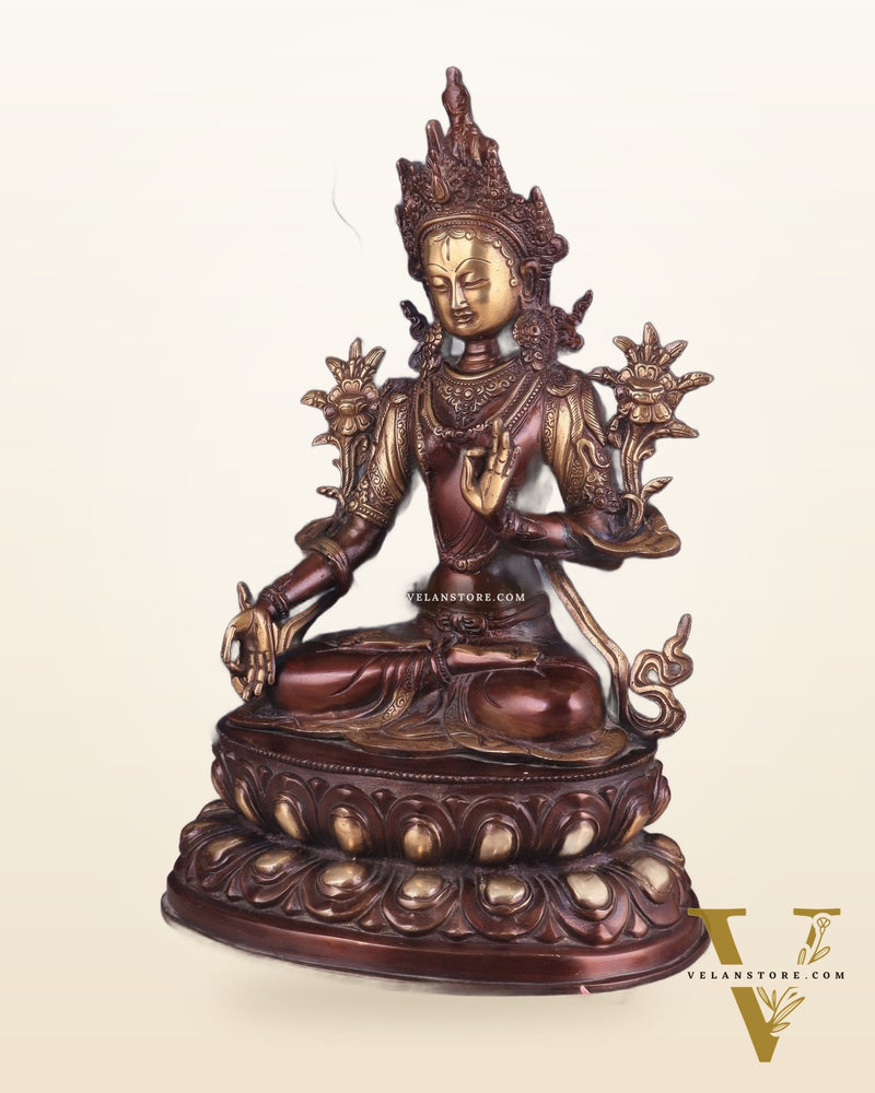 Pure Brass Tibetan White Tara Idol – Copper Gold Finish | 14 Inch