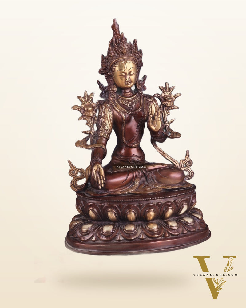 Pure Brass Tibetan White Tara Idol – Copper Gold Finish | 14 Inch
