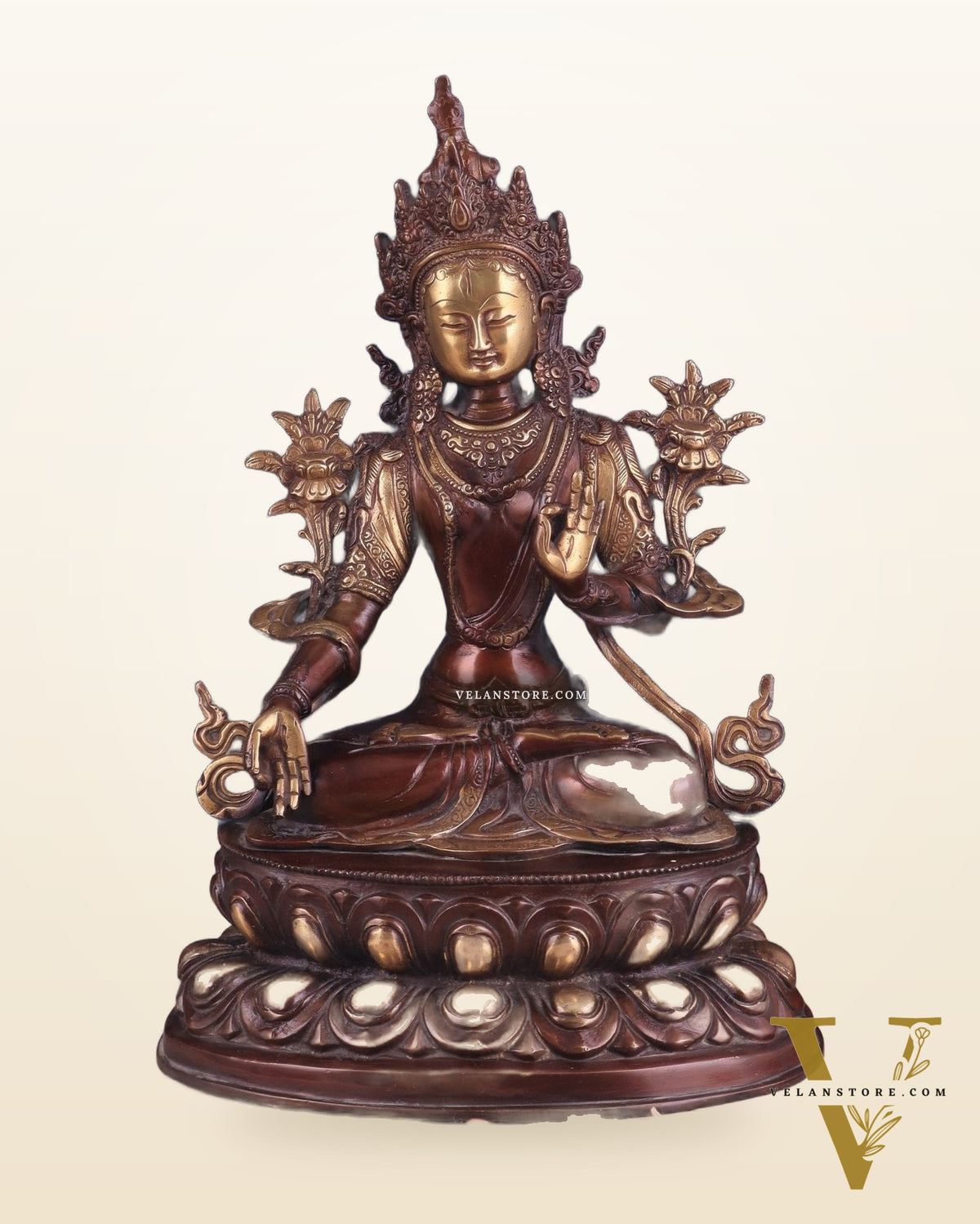 Pure Brass Tibetan White Tara Idol – Copper Gold Finish | 14 Inch