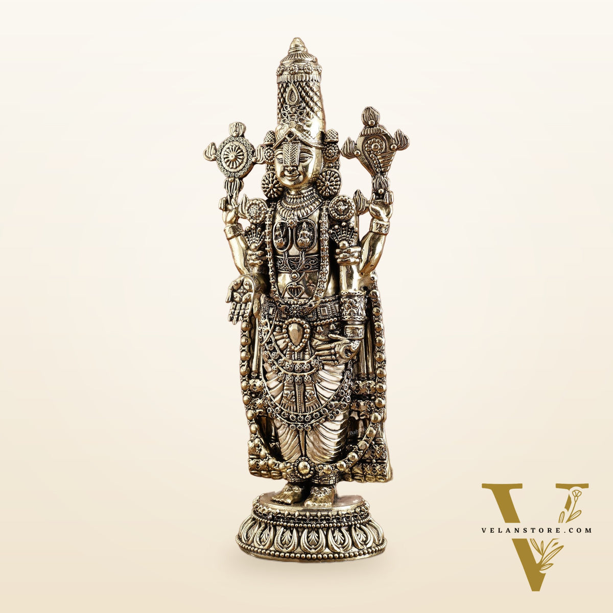 Pure Brass Tirupati Balaji Idol – 12 Inches Tall, Highly Detailed.