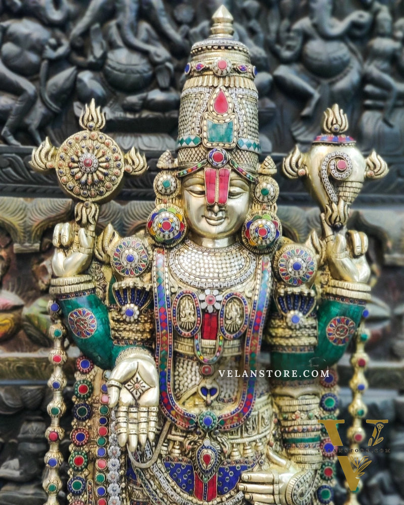Pure Brass Tirupati Balaji Idol - Golden Finish with Stonework, 48"