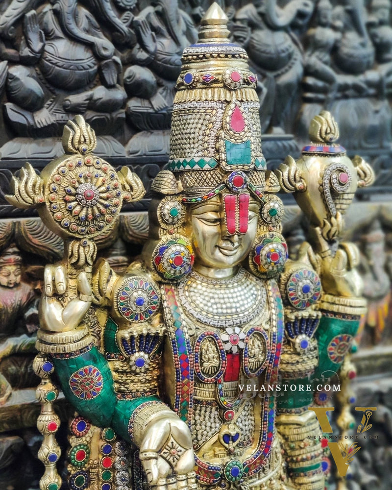 Pure Brass Tirupati Balaji Idol - Golden Finish with Stonework, 48"