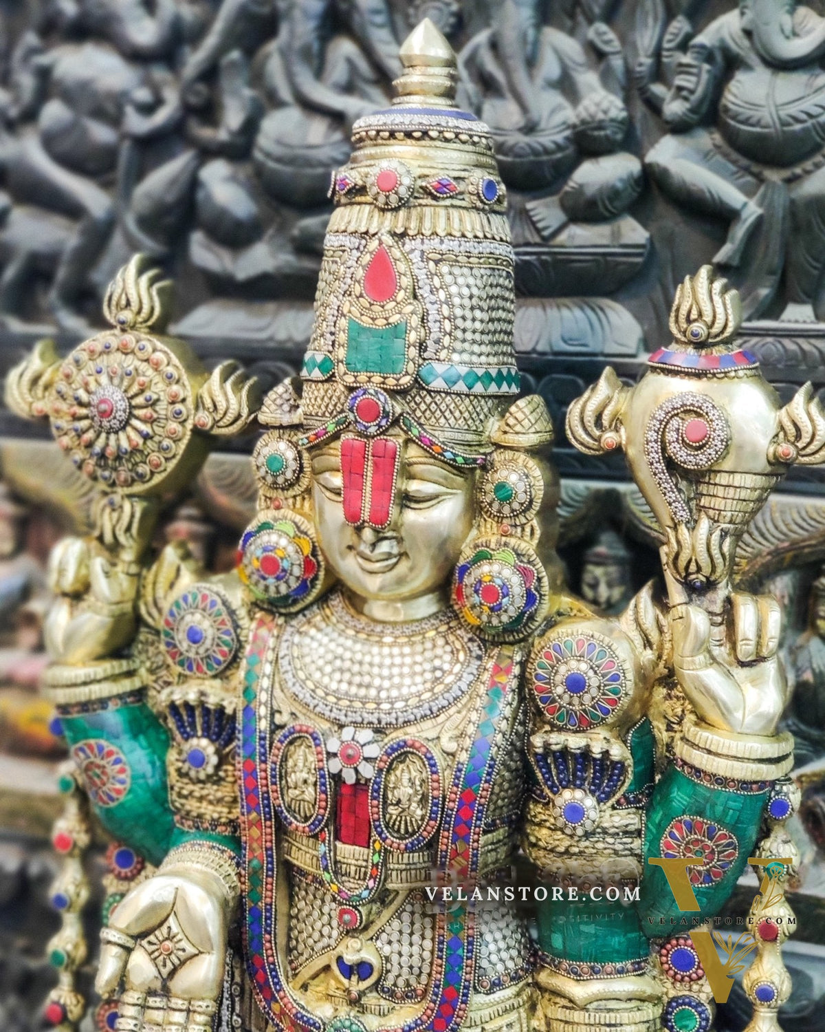 Pure Brass Tirupati Balaji Idol - Golden Finish with Stonework, 48"