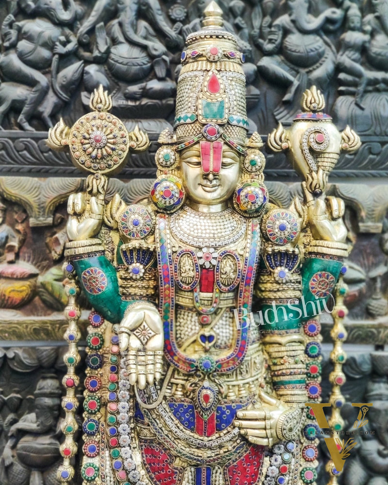 Pure Brass Tirupati Balaji Idol - Golden Finish with Stonework, 48"