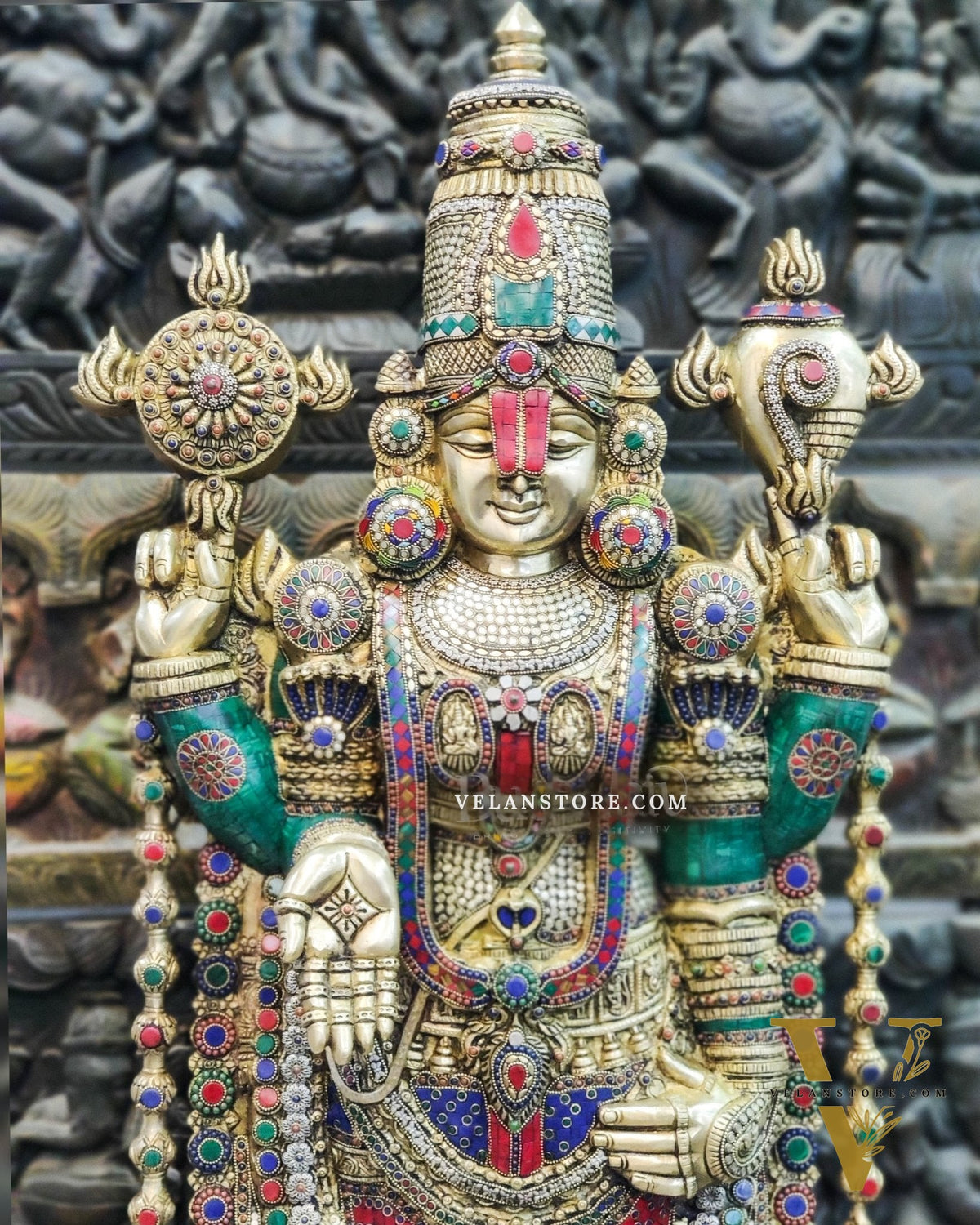 Pure Brass Tirupati Balaji Idol - Golden Finish with Stonework, 48"