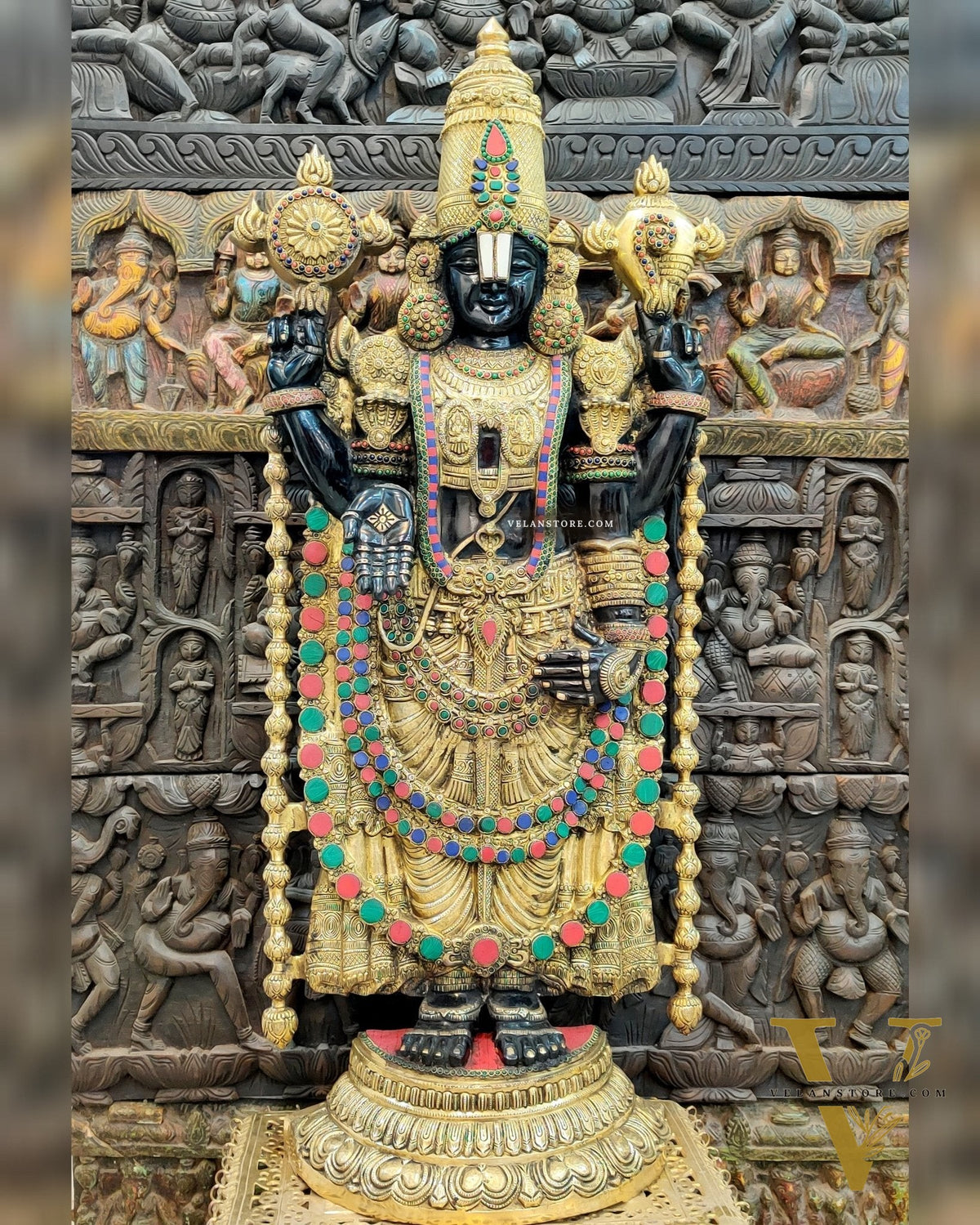 Pure Brass Tirupati Balaji Idol with Black & Golden Finish and Stonework - 48"