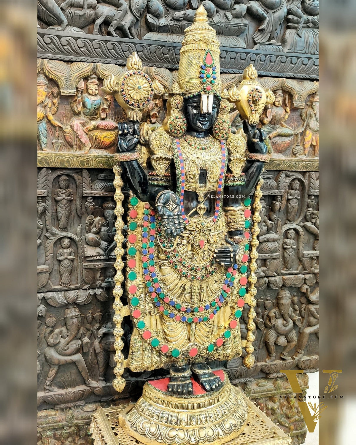 Pure Brass Tirupati Balaji Idol with Black & Golden Finish and Stonework - 48"