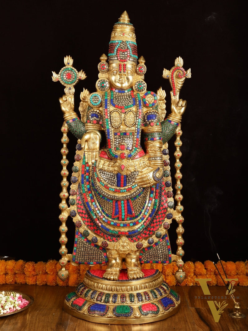 Pure Brass Tirupati Balaji Idol with Stonework 38"