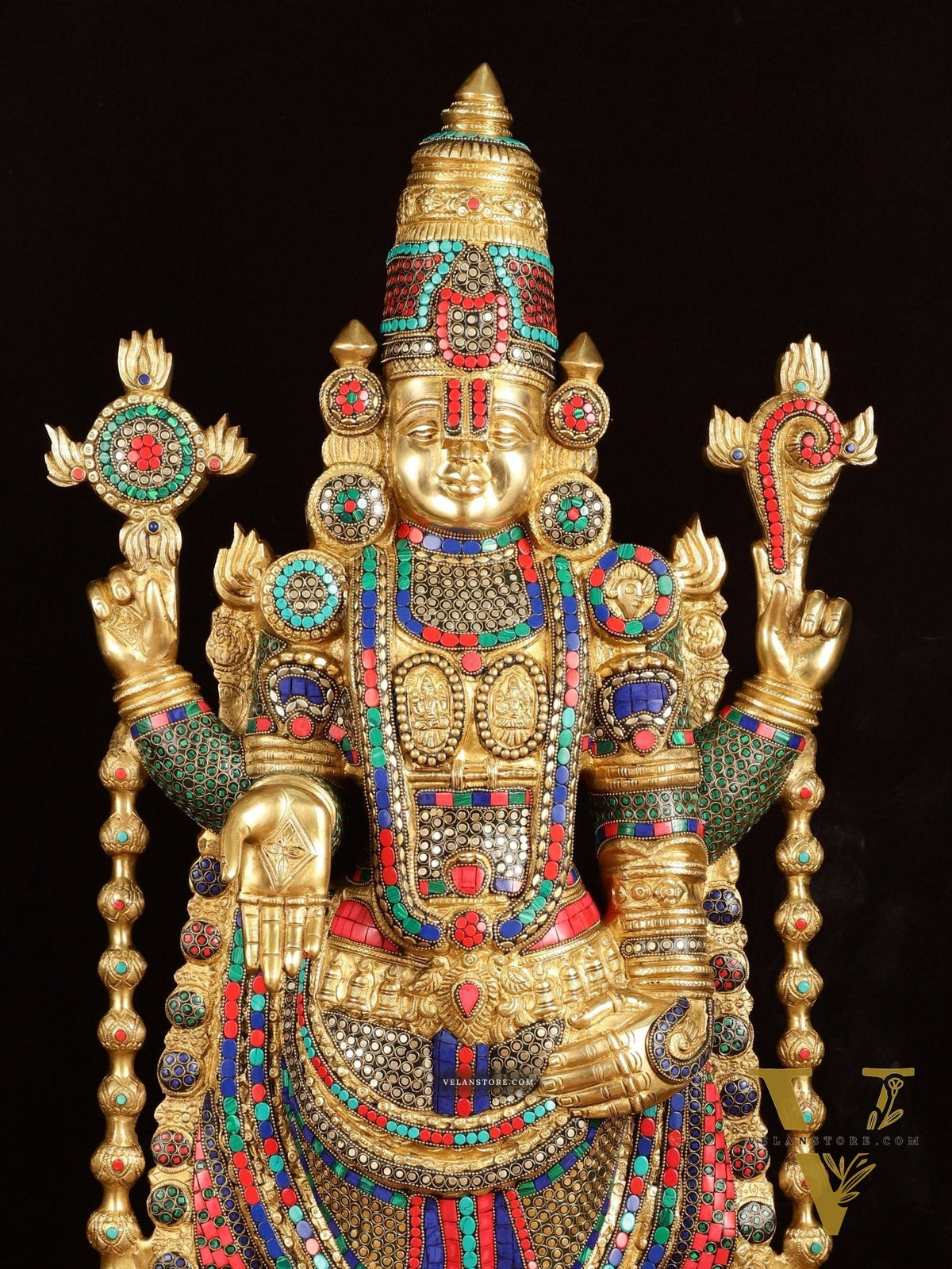 Pure Brass Tirupati Balaji Idol with Stonework 38"