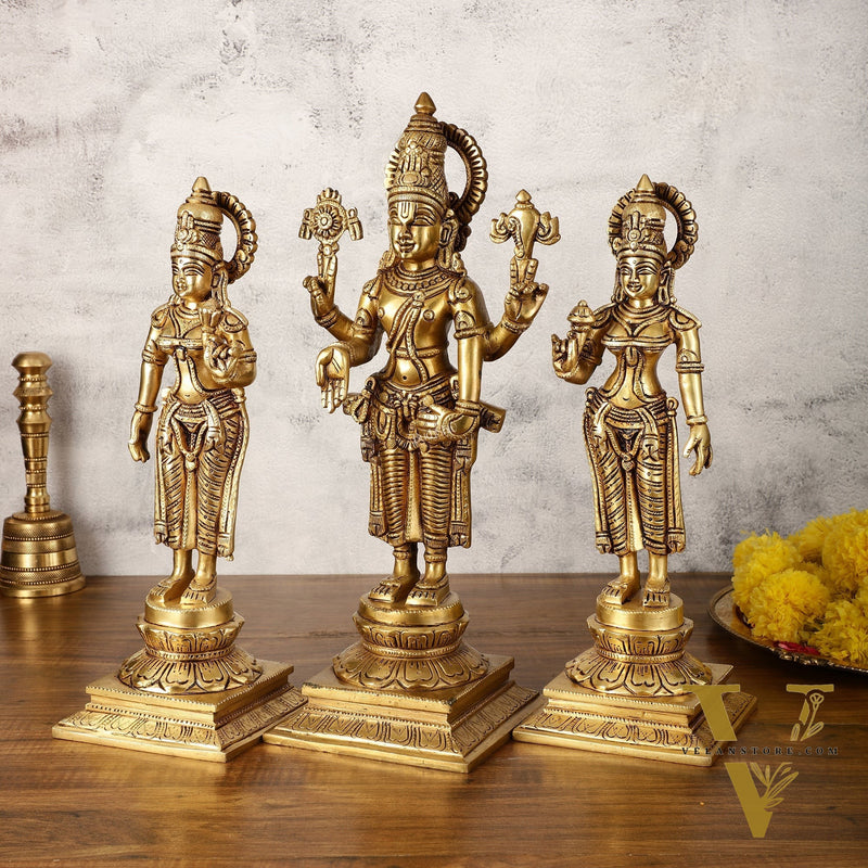 Pure Brass Tirupati Balaji with Bhudevi and Sridevi - Set of Three Idols 14 inch