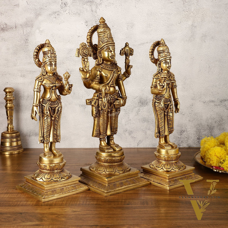 Pure Brass Tirupati Balaji with Bhudevi and Sridevi - Set of Three Idols 14 inch
