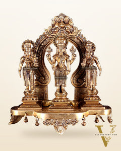 Pure Brass Tirupati Balaji with Bhudevi & Sridevi on Singhasan with Prabhavali – Complete Set 12 inch