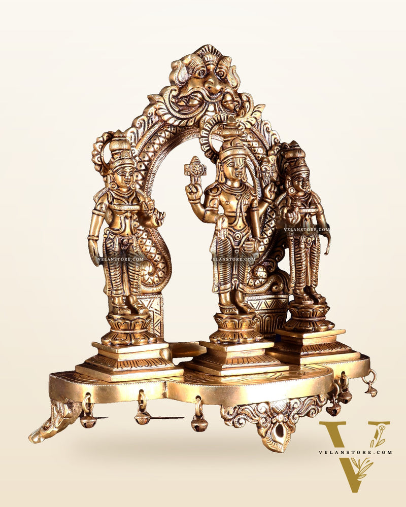 Pure Brass Tirupati Balaji with Bhudevi & Sridevi on Singhasan with Prabhavali – Complete Set 12 inch