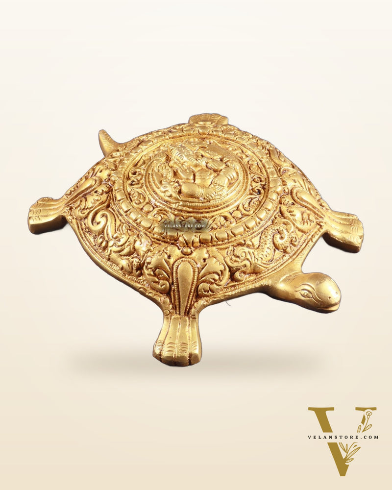 Pure Brass Tortoise with Lord Ganesha Engraving – Vastu Approved, 8 Inch
