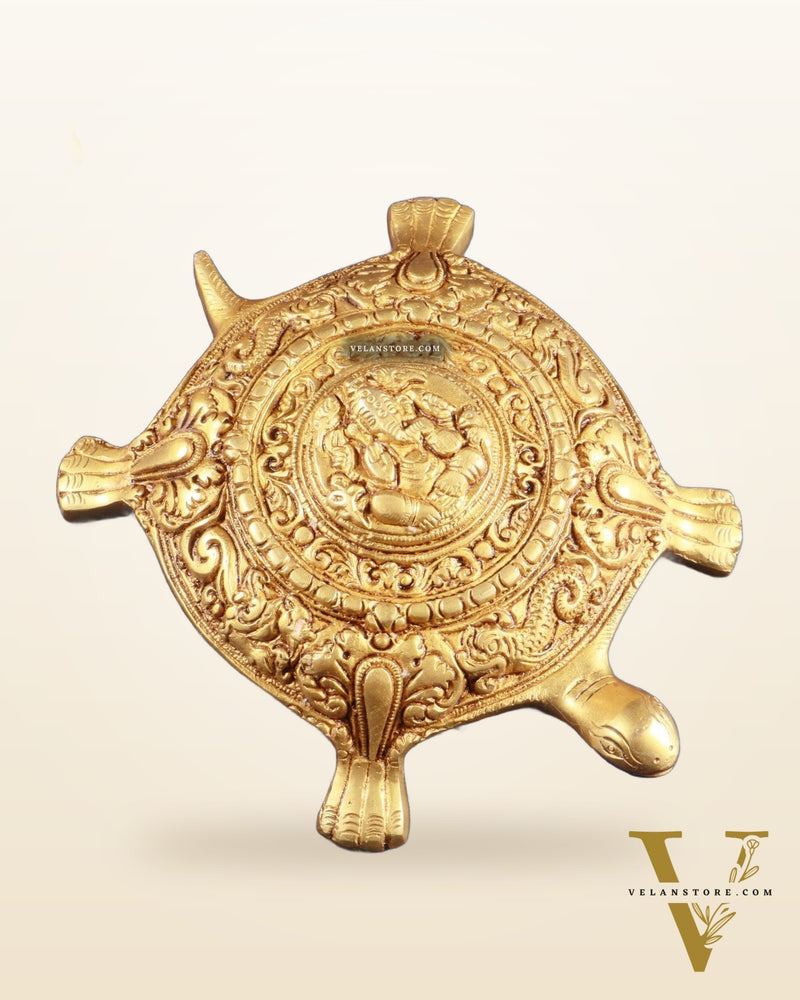 Pure Brass Tortoise with Lord Ganesha Engraving – Vastu Approved, 8 Inch