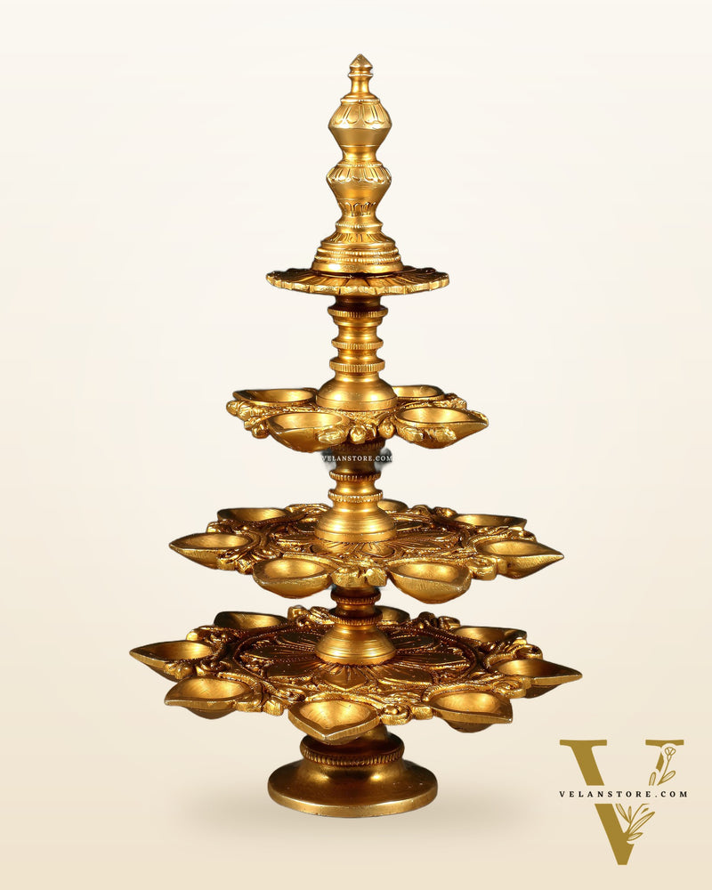 Pure Brass Traditional Multi-Wick Oil Lamp – 19 Diyas