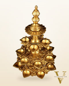Pure Brass Traditional Multi-Wick Oil Lamp – 19 Diyas