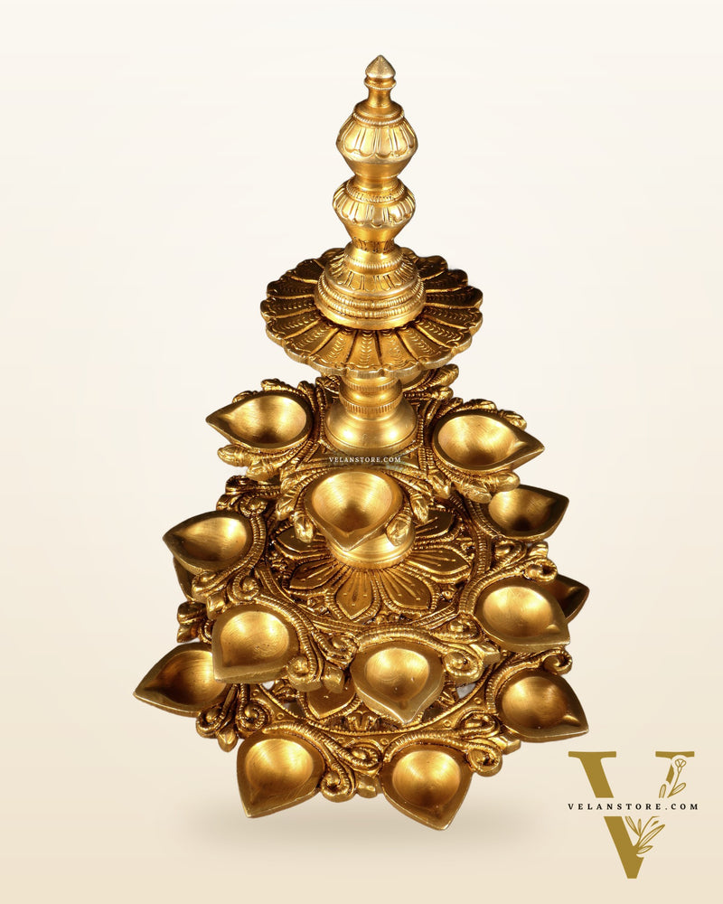 Pure Brass Traditional Multi-Wick Oil Lamp – 19 Diyas