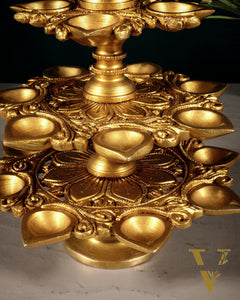 Pure Brass Traditional Multi-Wick Oil Lamp – 19 Diyas