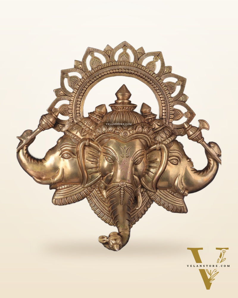 Pure Brass Trimukhi Ganapati Wall Hanging 17.5"