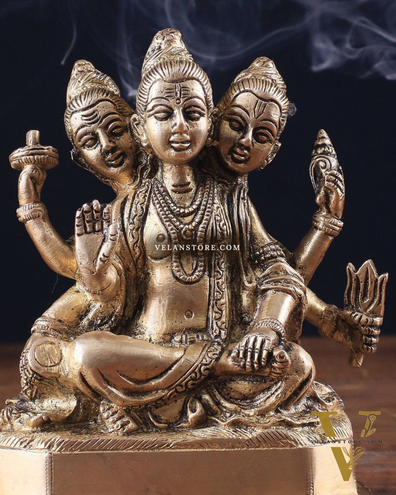 Pure Brass Trimurti Idol – Brahma, Vishnu, and Mahesh (Shiva) 5"
