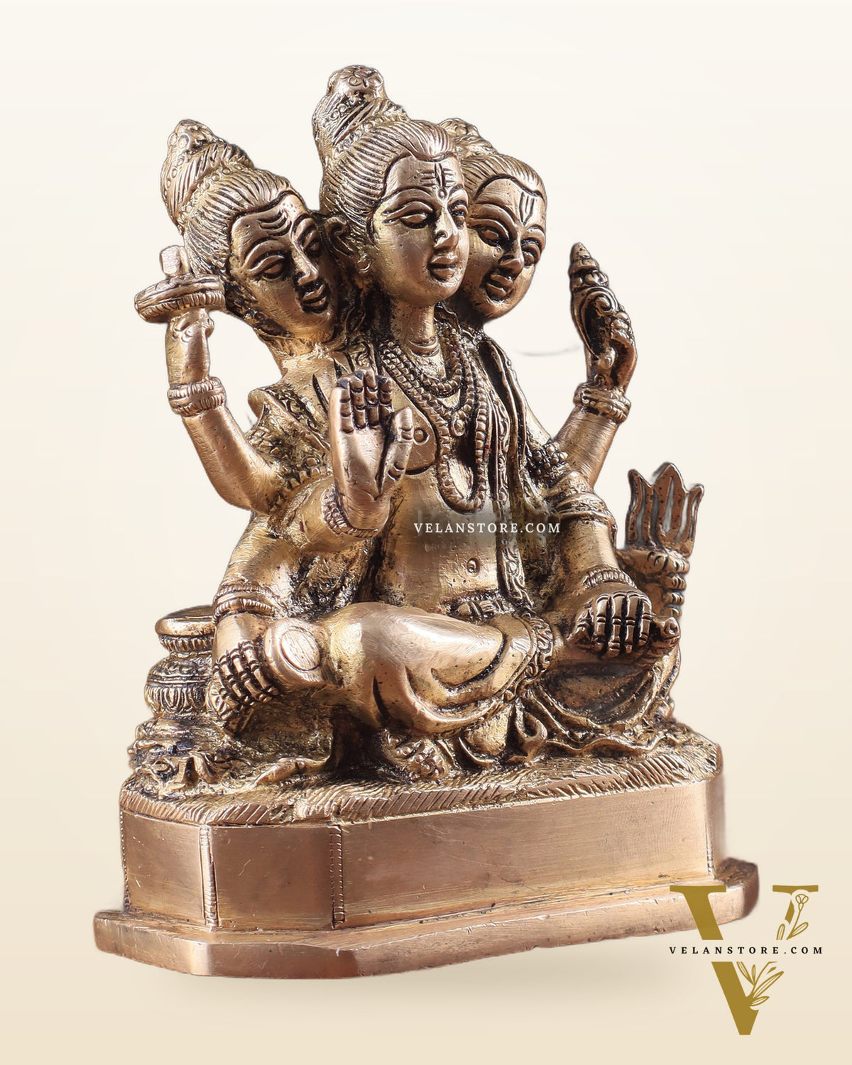 Pure Brass Trimurti Idol – Brahma, Vishnu, and Mahesh (Shiva) 5"