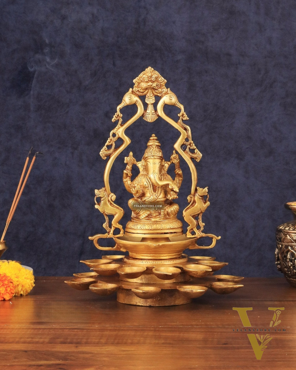 Pure Brass Unique Ganesha Statue with Diyas and Thiruvarchi Frame - 12"