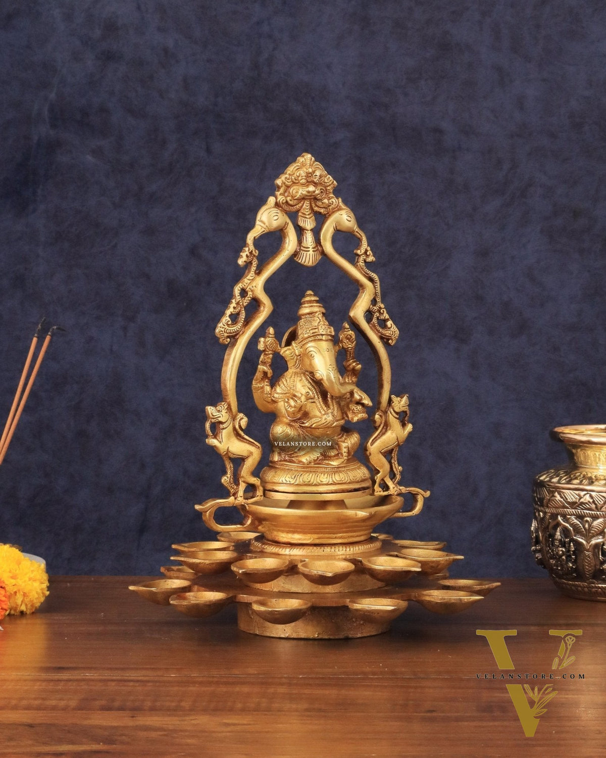 Pure Brass Unique Ganesha Statue with Diyas and Thiruvarchi Frame - 12"