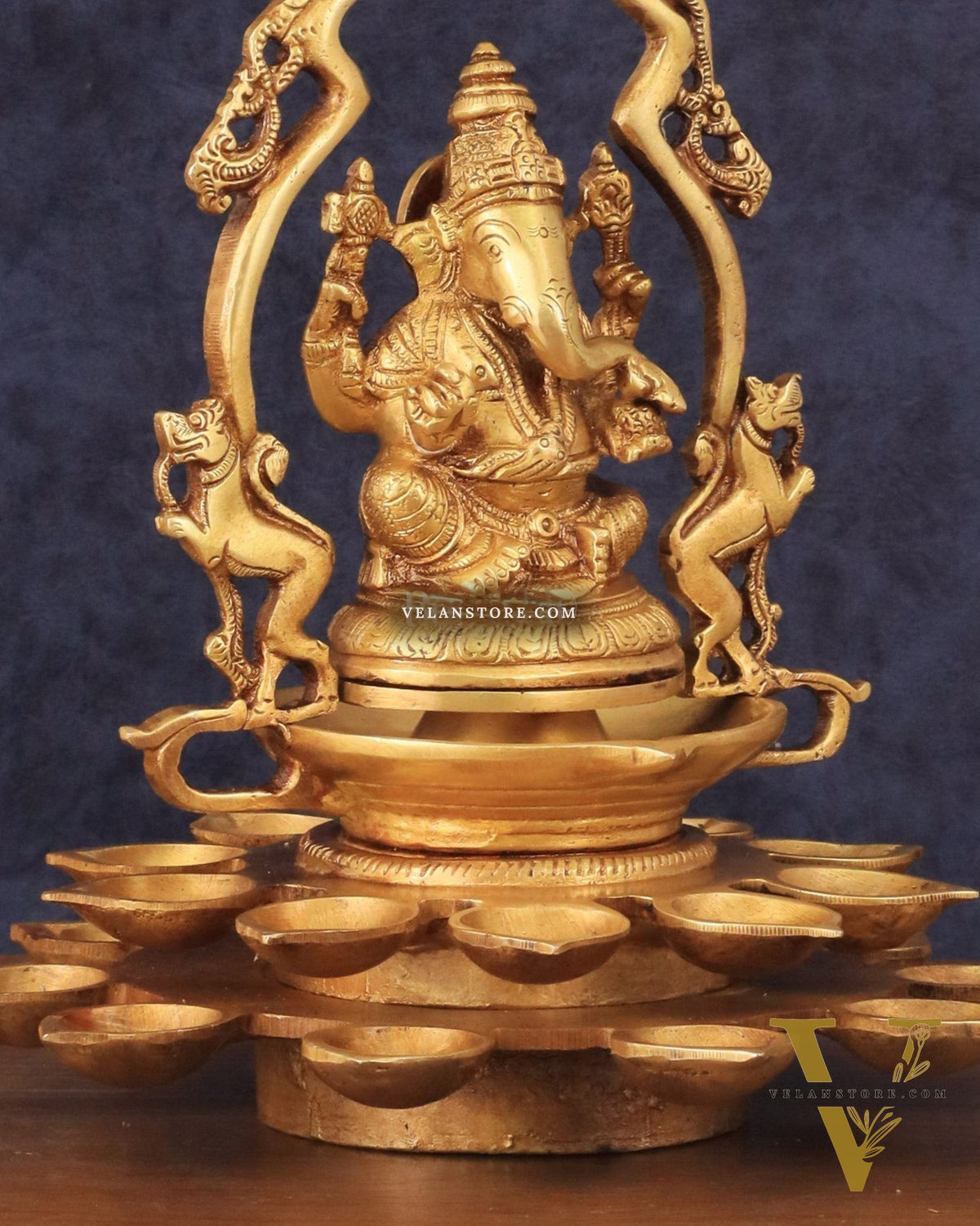 Pure Brass Unique Ganesha Statue with Diyas and Thiruvarchi Frame - 12"