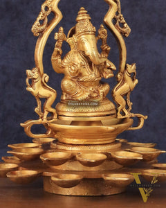 Pure Brass Unique Ganesha Statue with Diyas and Thiruvarchi Frame - 12"