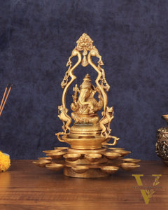 Pure Brass Unique Ganesha Statue with Diyas and Thiruvarchi Frame - 12"