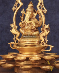Pure Brass Unique Ganesha Statue with Diyas and Thiruvarchi Frame - 12"