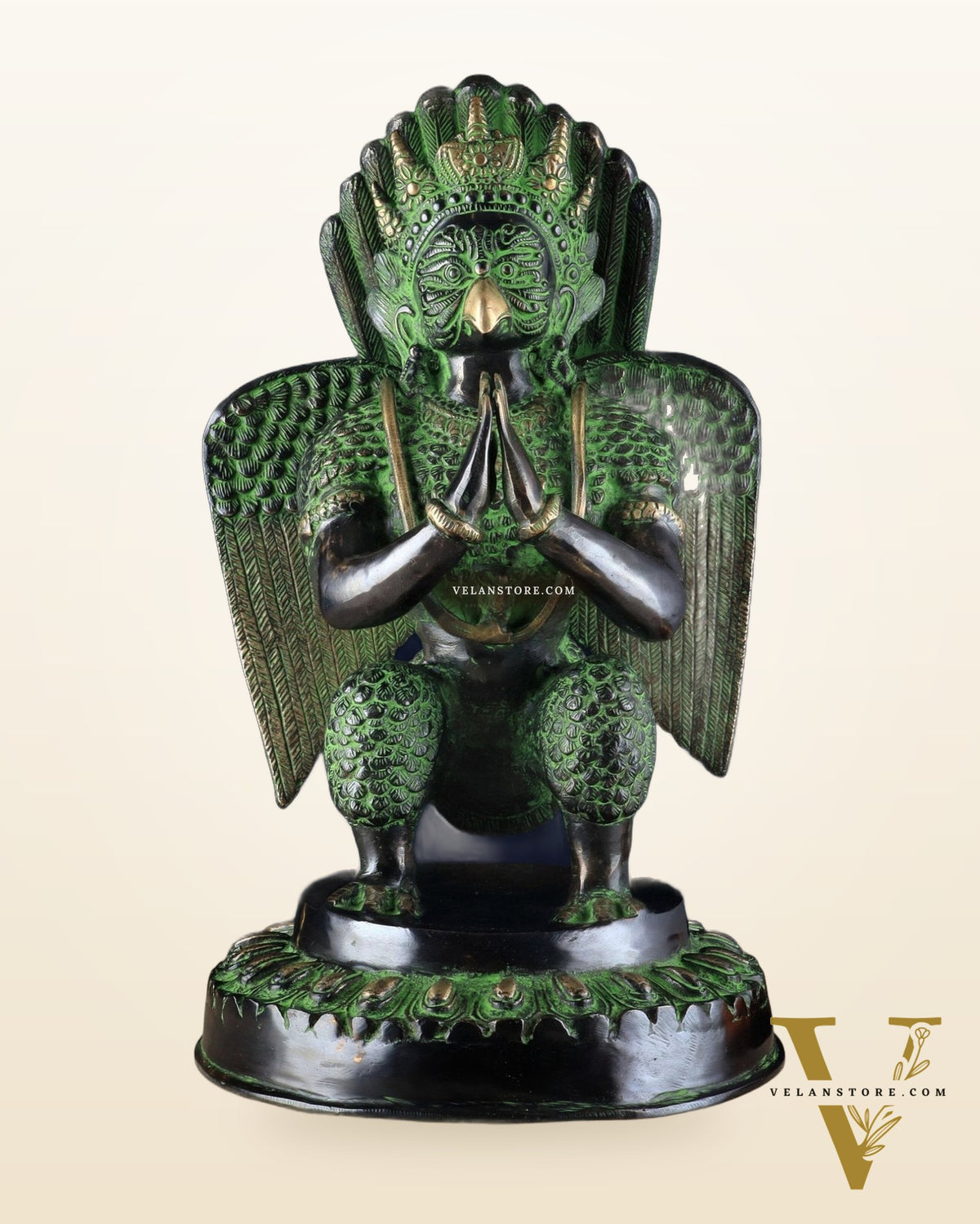 Pure Brass Unique Garuda Dev Statue (Black and Green Antique Tone) 17"