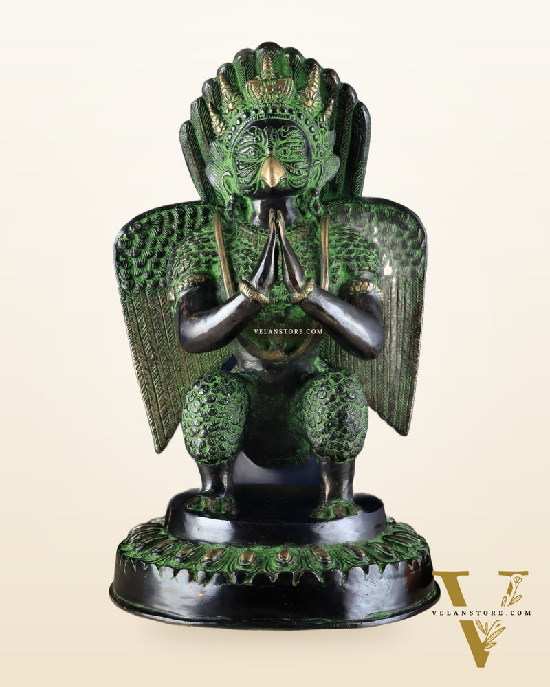Pure Brass Unique Garuda Dev Statue (Black and Green Antique Tone) 17"