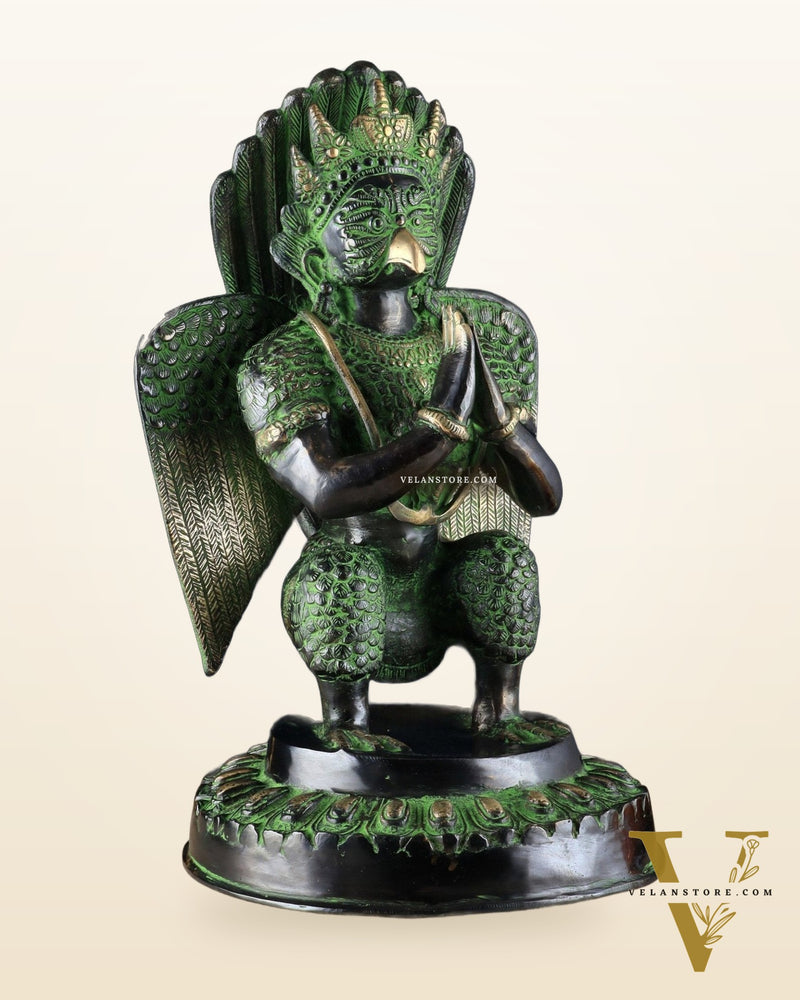 Pure Brass Unique Garuda Dev Statue (Black and Green Antique Tone) 17"