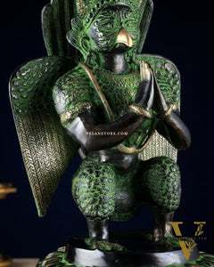 Pure Brass Unique Garuda Dev Statue (Black and Green Antique Tone) 17"