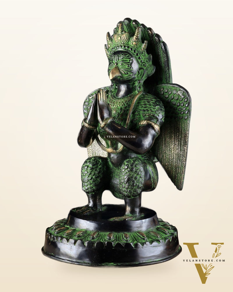 Pure Brass Unique Garuda Dev Statue (Black and Green Antique Tone) 17"