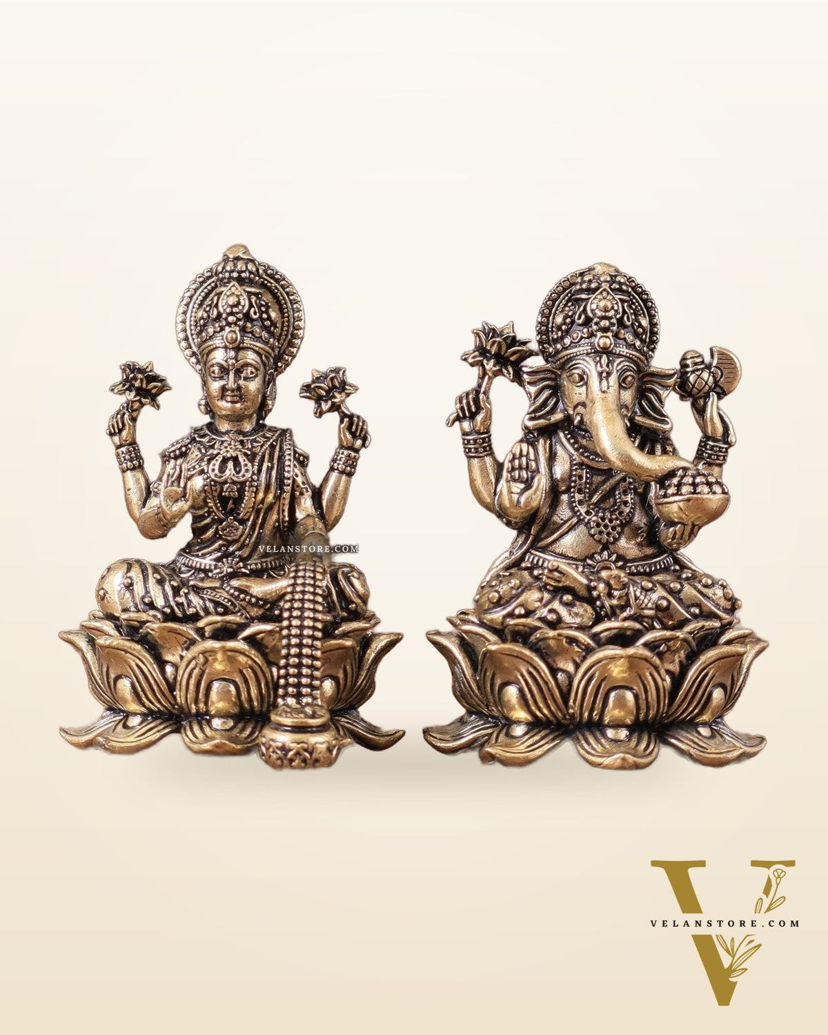 Pure Brass Unique Lord Ganesha and Goddess Lakshmi Idols 3"