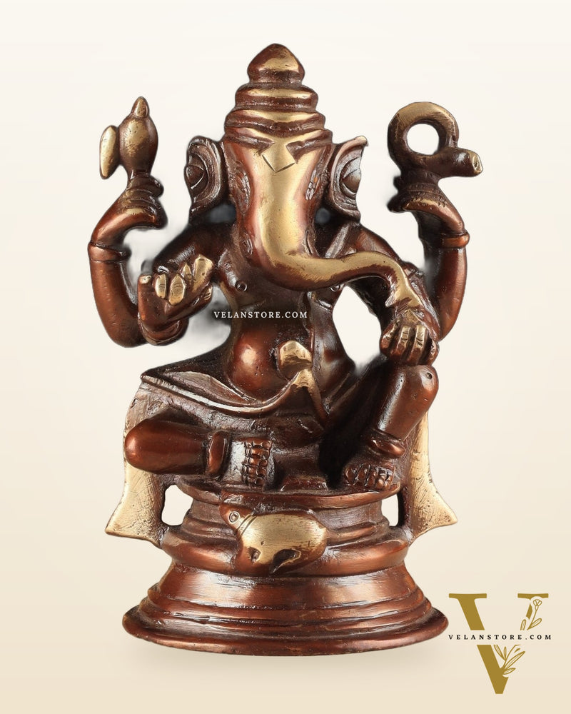Pure Brass Unique Lord Ganesha Idol - Copper Tone (5 Inch)