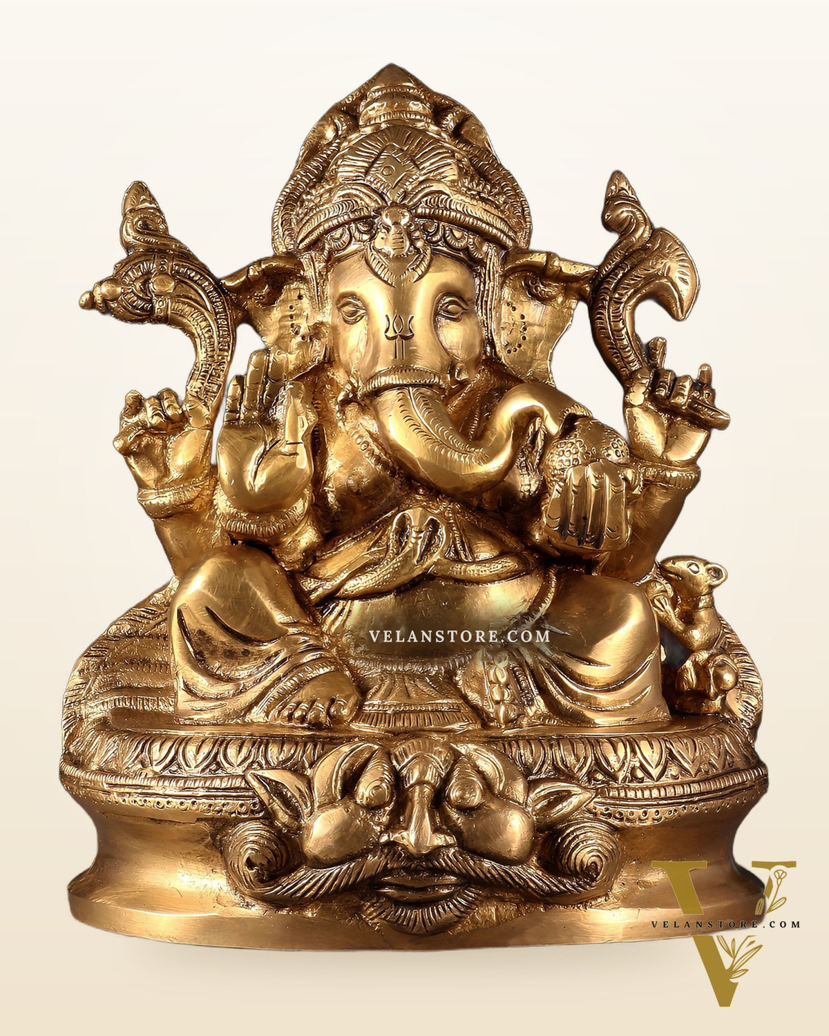 Pure Brass Unique Lord Ganesha Idol with Kirtimukha Engraved Base – 8 Inch