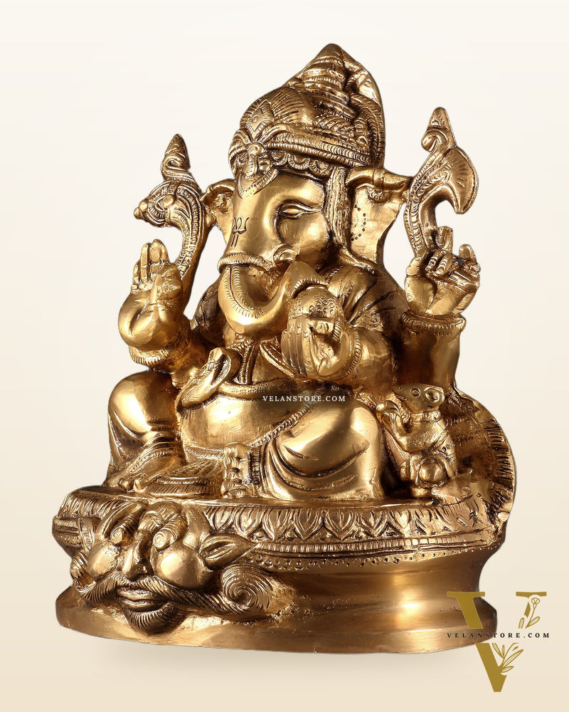 Pure Brass Unique Lord Ganesha Idol with Kirtimukha Engraved Base – 8 Inch